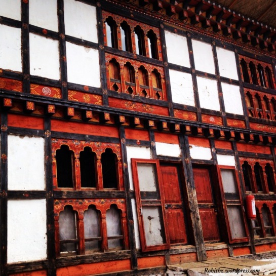 In Most of the Bhutanese Constructions, Smaller windows are built into lower floors, with larger windows on upper levels to add to structural soundness. Clicked at Punakha