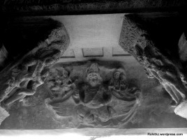 On the ceiling of this cave, there are carvings of Vishnu on Garuda and several other scenes from the puranas...